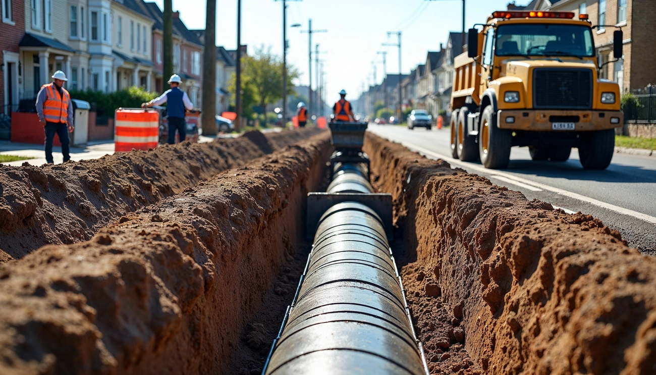 M-J tief.und Rohrleitungsbau GmbH - Rohrleitungsbau - Arbeiter verlegen Abwasserrohre auf einer viel befahrenen Straße, koordinieren die Arbeiten und sorgen für die ordnungsgemäßen Anschlüsse.