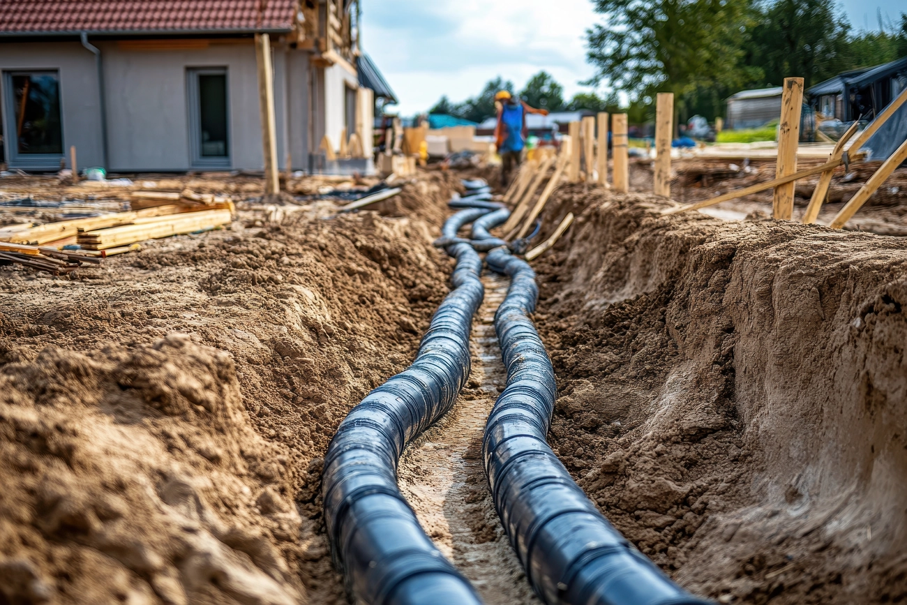 M-J tief.und Rohrleitungsbau GmbH - Konstruiertes Kunststoffrohr-Entwässerungssystem, das von einem Klempner während des Baus eines Fertighauses in Europa installiert wurde. Technisches Konzept