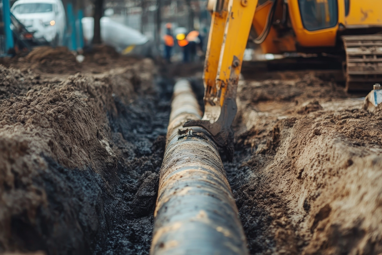 M-J tief.und Rohrleitungsbau GmbH - Rohrleitungsbau - Rohrleitungsbau: Installation von Metallrohren in Gräben für unterirdisches Wasserleitungssystem